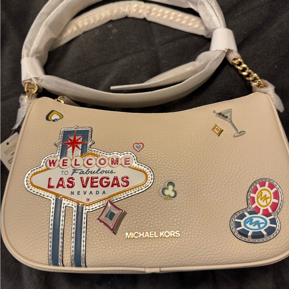 Michael Kors Beige Shoulder Bag with Las Vegas Patches